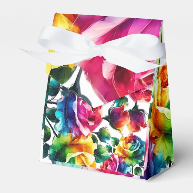 Rainbow Roses Black & White Vibrant Floral Wedding Favour Box (Front Side)