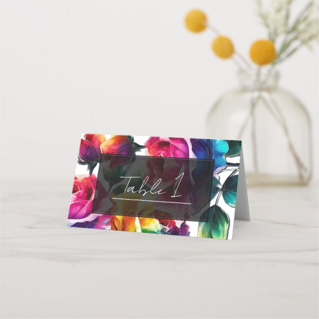 Rainbow Roses Black & White Vibrant Floral Wedding Place Card (Front)