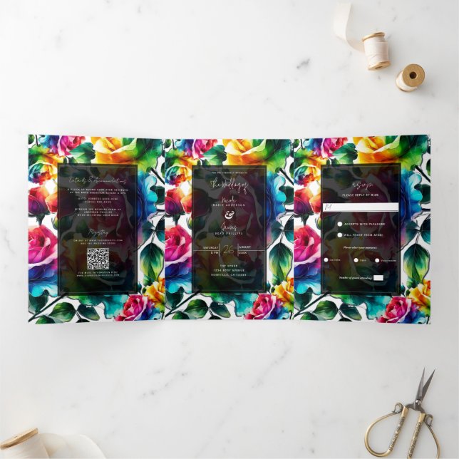 Rainbow Roses Black & White Vibrant Floral Wedding Tri-Fold Invitation (Inside)