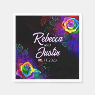 Rainbow Roses Floral Modern Boho Black Napkin