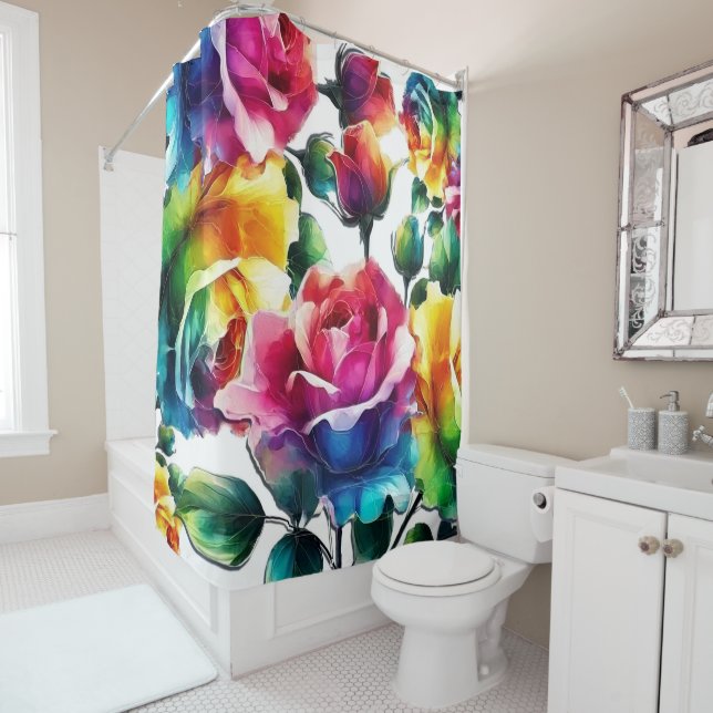 Rainbow Roses Vibrant Colourful Floral  Shower Curtain (In Situ)