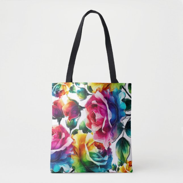 Rainbow Roses Vibrant Colourful Floral  Tote Bag (Front)