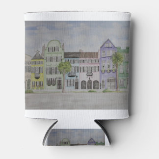 Rainbow Row Charleston SC Watercolor Can Cooler
