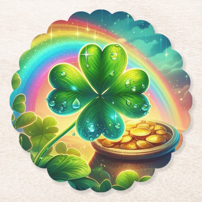 Rainbow Saint Patrick's Day clover Paper Coaster (Front)