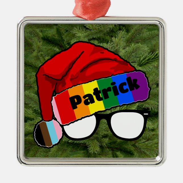 Rainbow Santa Hat with Glasses  Metal Tree Decoration (Front)