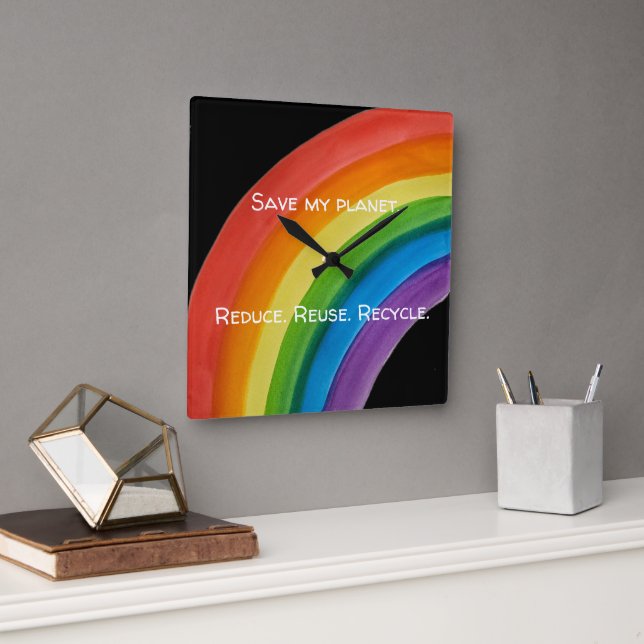 RAINBOW Save my planet (customisable) Square Wall Clock (Office)
