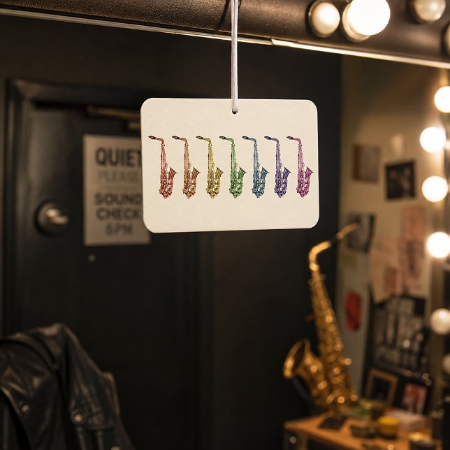 Rainbow Saxophone Art Car Air Freshener (An air freshener with rainbow alto saxophones.)