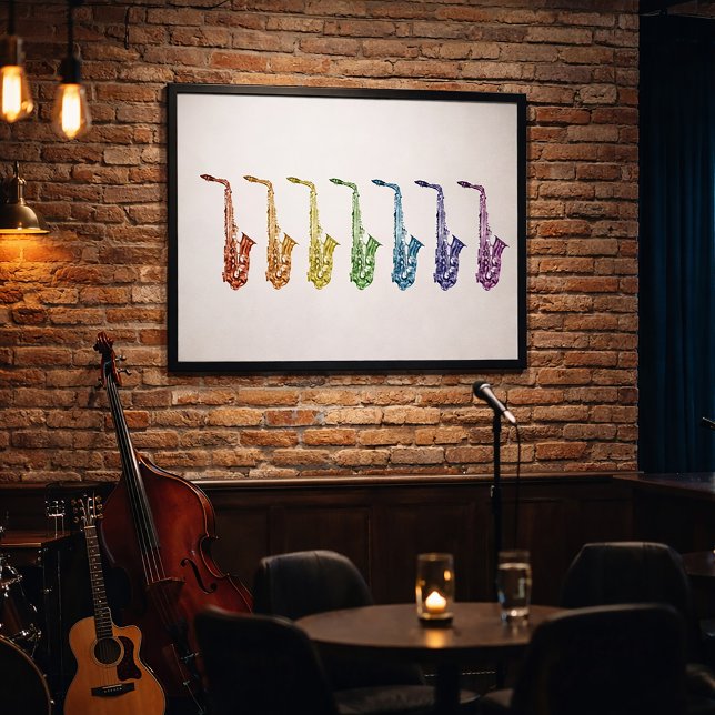 Rainbow Saxophone Art Print (A poster featuring a rainbow lineup of alto saxophones.)