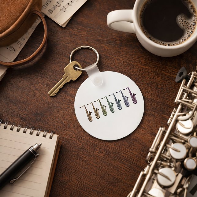 Rainbow Saxophone Tenor Lineup Key Ring (A keychain with a rainbow lineup of tenor saxophones.)