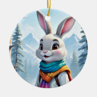 Rainbow Scarf White Winter Rabbit Ceramic Tree Decoration