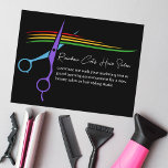 Rainbow Scissors Hair Stylist Chic Salon Marketing Postcard<br><div class="desc">A chic black hair stylist business marketing postcard with a burst of colour of rainbow hairstylist scissors logo. Customise these modern LGBTQ beauty salon and styling business postcards in cool white script for a hairdresser or colourist for a grand opening or other promotional event.</div>