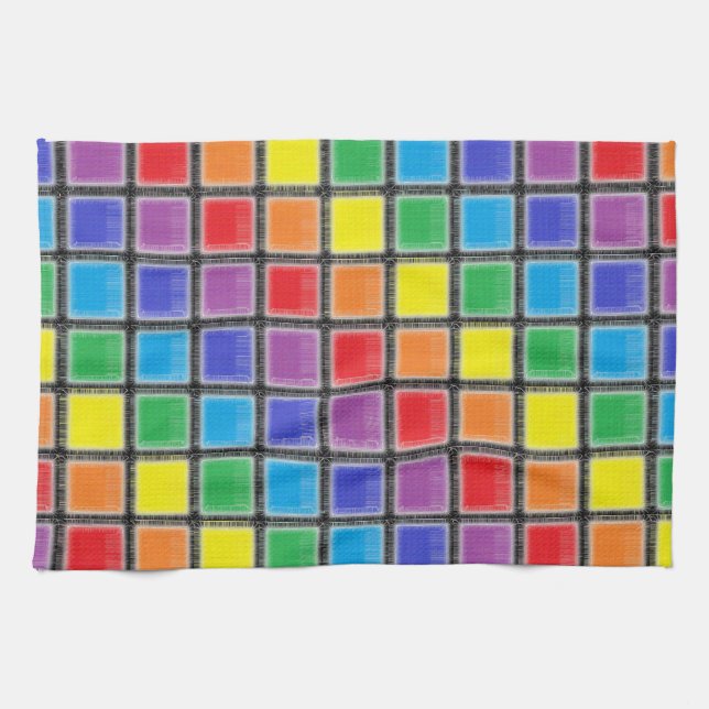 Rainbow Scratched Squares Tea Towel (Horizontal)