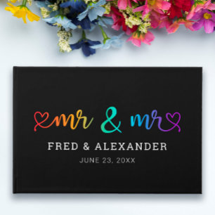 Rainbow Script Black Mr & Mr Gay Wedding Guest Book