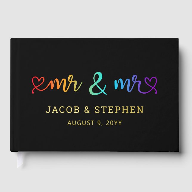 Rainbow Script Black Mr & Mr Gay Wedding Guest Book (Front)