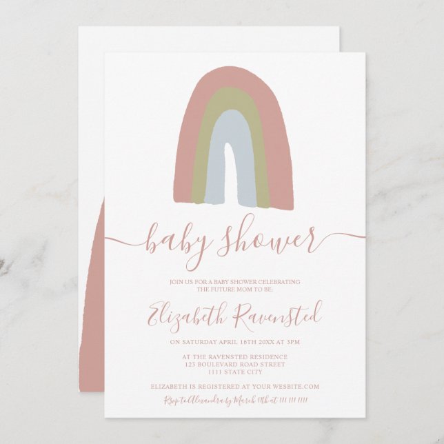 Rainbow script calligraphy neutral baby shower invitation (Front/Back)