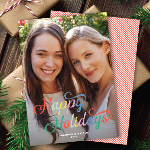 Rainbow Script LGBTQIA+ Happy Holidays Photo Holiday Card