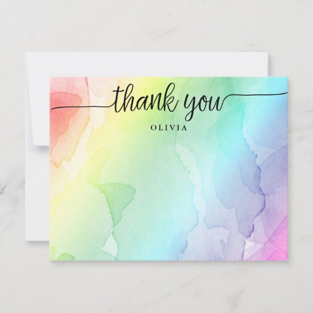 Rainbow Script Thank You Flat Note Card (Front)