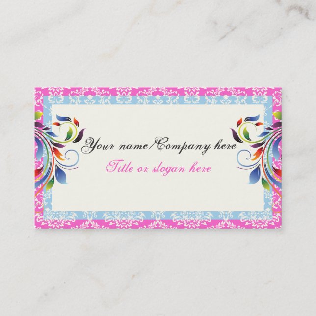 Rainbow scroll leaf blue pink damask borders business card (Front)