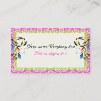Rainbow scroll leaf lime pink damask borders business card