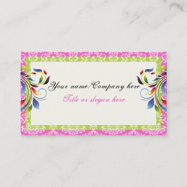 Rainbow scroll leaf lime pink damask borders business card (Front)