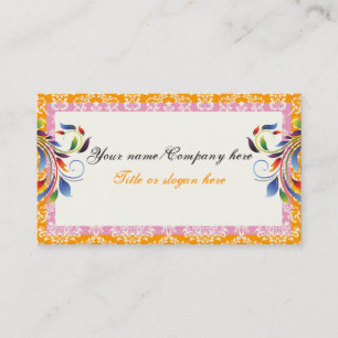 Rainbow scroll leaf orange, pink damask borders business card
