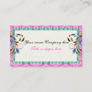 Rainbow scroll leaf teal pink damask borders business card