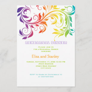Rainbow scroll leaf wedding rehearsal dinner invitation