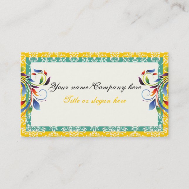 Rainbow scroll leaf yellow teal damask borders business card (Front)