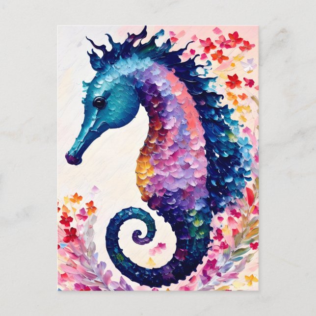 Rainbow Seahorse Floral Art Postcard (Front)