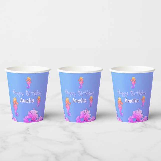 Rainbow Seahorse Personalised Party  Paper Cups (Multi)