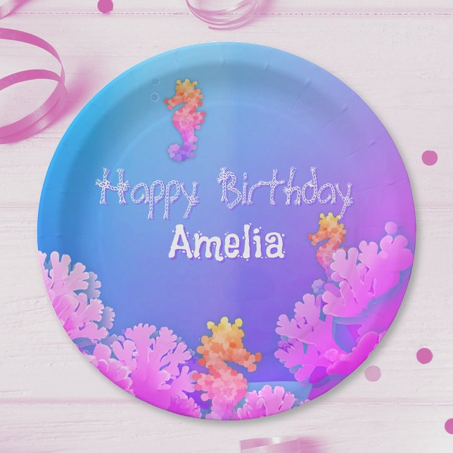 Rainbow Seahorse Personalised Party  Paper Plate (Creator Uploaded)