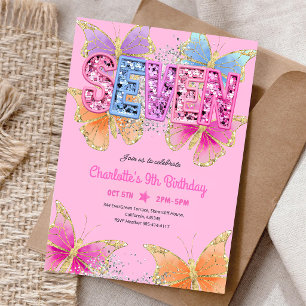 Rainbow Sequin Butterfly 7th Birthday Invitation
