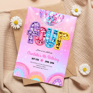 Rainbow Sequin Disco 4th Birthday Invitation