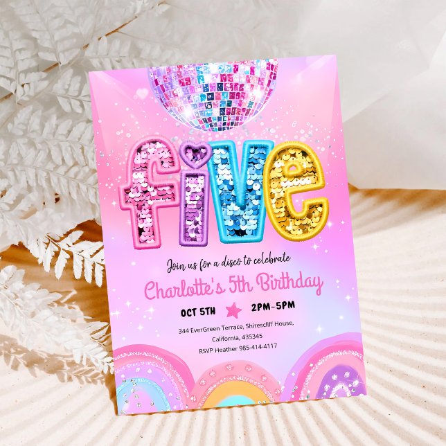 Rainbow Sequin Disco 5th Birthday Invitation (Creator Uploaded)