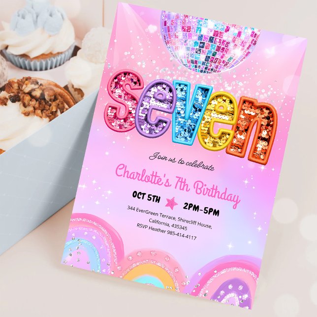 Rainbow Sequin Disco 7th Birthday Invitation (Creator Uploaded)