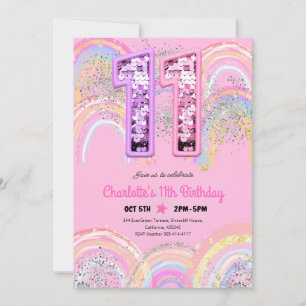 Rainbow Sequin Glitter 11th Birthday Invitation
