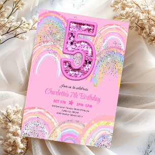 Rainbow Sequin Glitter 5th Birthday Invitation