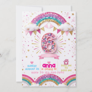 Rainbow Sequin Glitter 6th Birthday Invitation