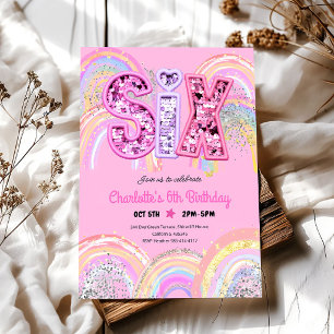 Rainbow Sequin Glitter 6th Birthday Invitation