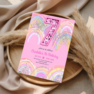 Rainbow Sequin Glitter 7th Birthday Invitation