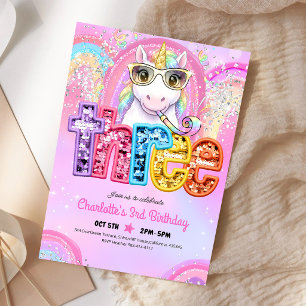 Rainbow Sequin Unicorn 3rd Birthday Invitation