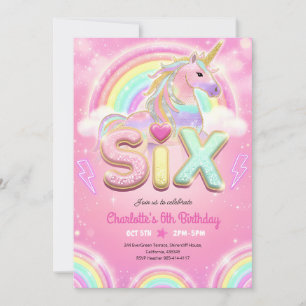 Rainbow Sequin Unicorn 6th Birthday Invitation
