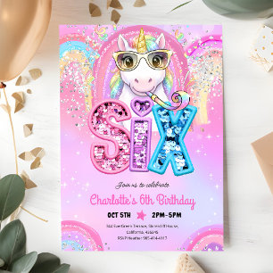 Rainbow Sequin Unicorn 6th Birthday Invitation