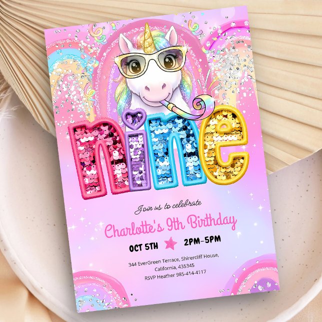 Rainbow Sequin Unicorn 9th Birthday Invitation (Creator Uploaded)