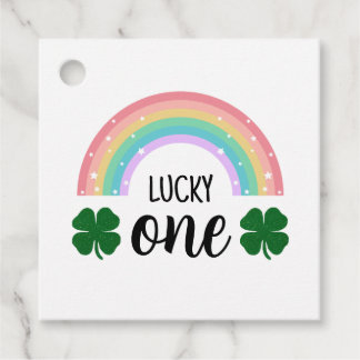 Rainbow & Shamrock Lucky One First Birthday Square Favour Tags