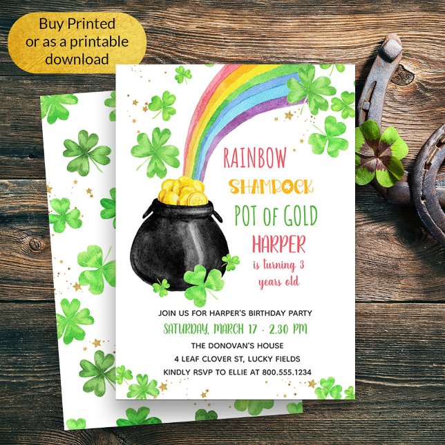 Rainbow Shamrock Pot of Gold Kids Birthday Invitation (Kids St Patricks Themed Birthday Invitation)