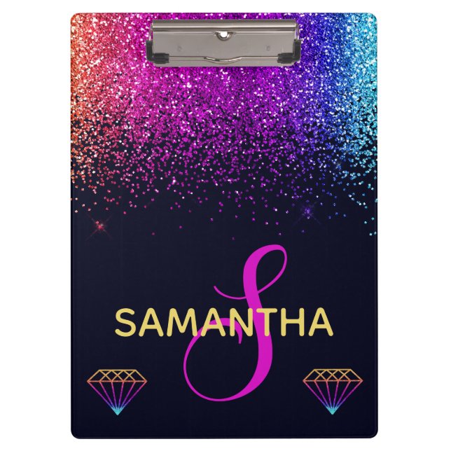 Rainbow Shimmer Glitter & Diamonds Monogram Clipboard (Front)