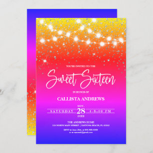 Rainbow Silver Glitter Sparkles Lights Sweet 16 Invitation