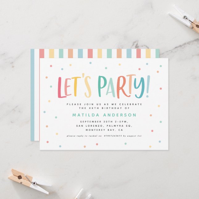 Rainbow simple colourful modern typography  invitation (Front/Back In Situ)