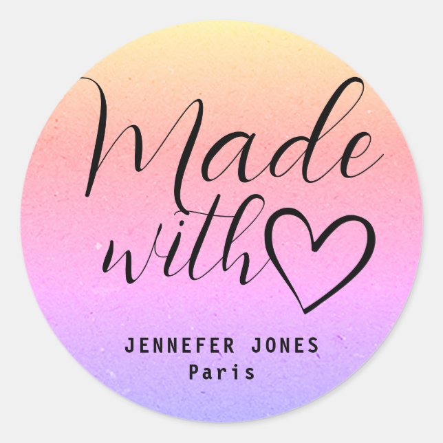 Rainbow Simple Minimalist Made With Love Heart Classic Round Sticker (Front)